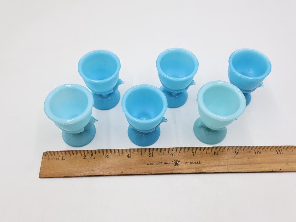 Set of 6 Antique French Portieux Vallerysthal Blue Opaline Glass Chicken Egg Cups - 3