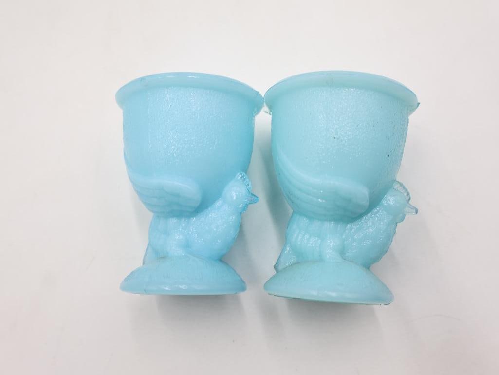 Set of 6 Antique French Portieux Vallerysthal Blue Opaline Glass Chicken Egg Cups - 5