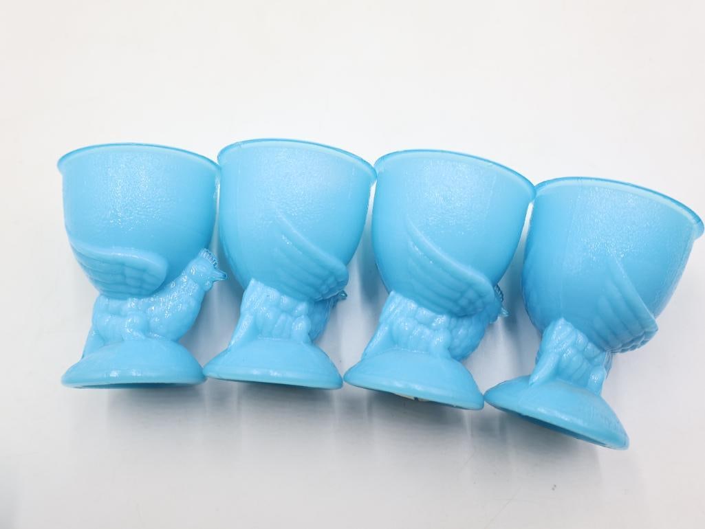 Set of 6 Antique French Portieux Vallerysthal Blue Opaline Glass Chicken Egg Cups - 8