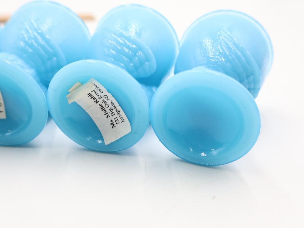 Set of 6 Antique French Portieux Vallerysthal Blue Opaline Glass Chicken Egg Cups - 9