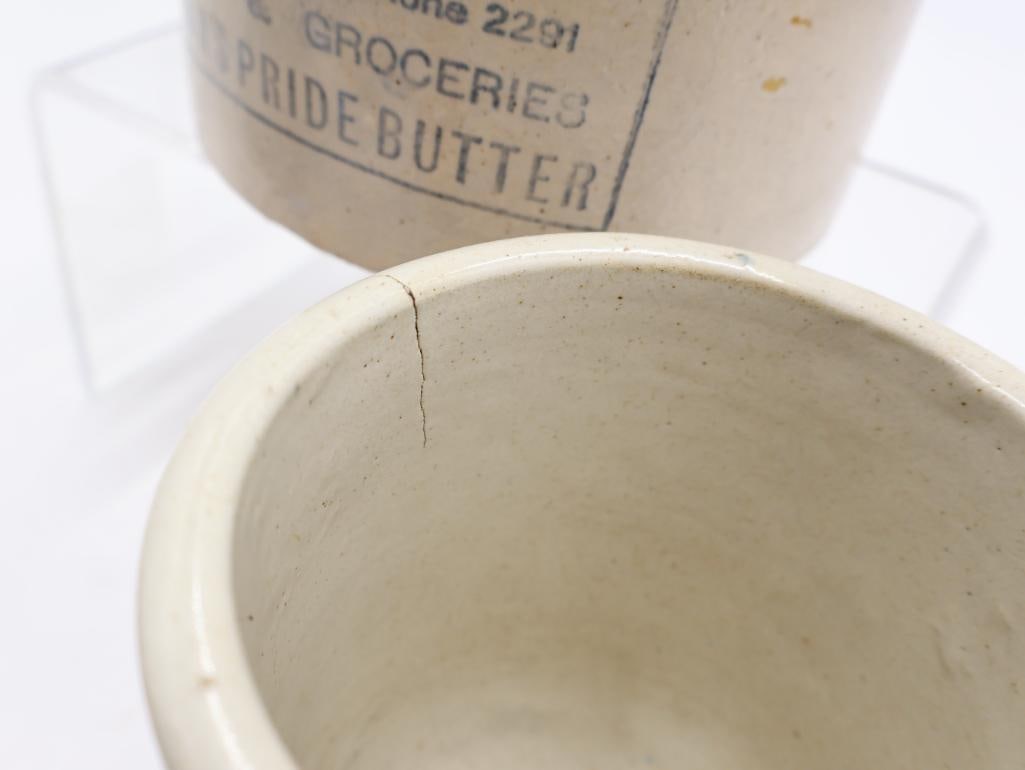 Vintage Advertising Stoneware Crocks Pacific, Wesson Oil and Iowas Pride - 12