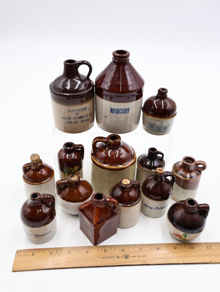 Collection of Vintage Miniature Stoneware Advertising Jugs Mercury, Perfume and Cologne - 2