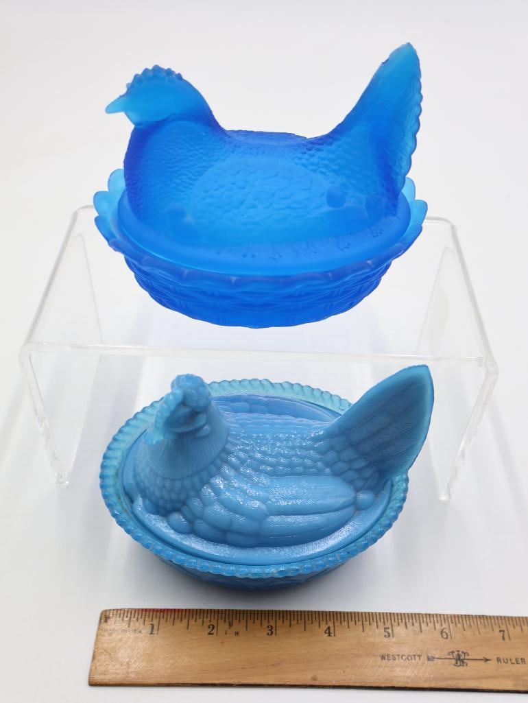 Two (2) Antique & Vintage Blue Slag / Milk Glass Hen on Nest Covered Dishes - 2