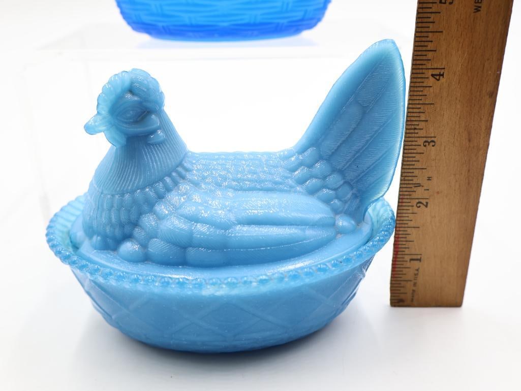 Two (2) Antique & Vintage Blue Slag / Milk Glass Hen on Nest Covered Dishes - 3
