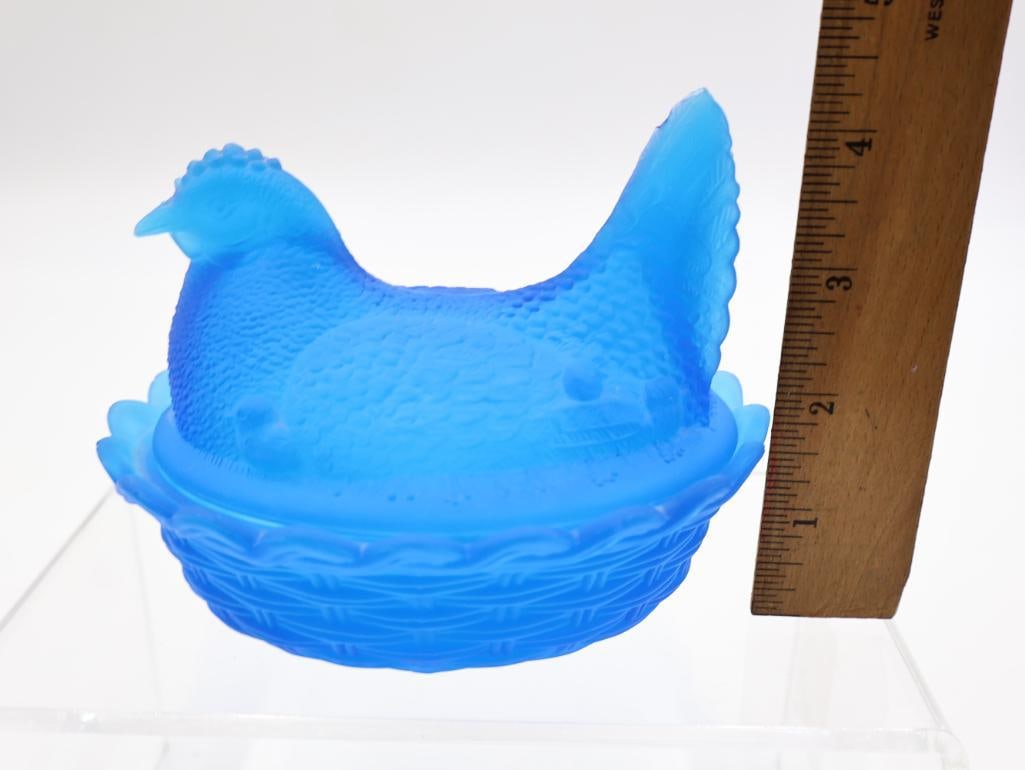 Two (2) Antique & Vintage Blue Slag / Milk Glass Hen on Nest Covered Dishes - 8