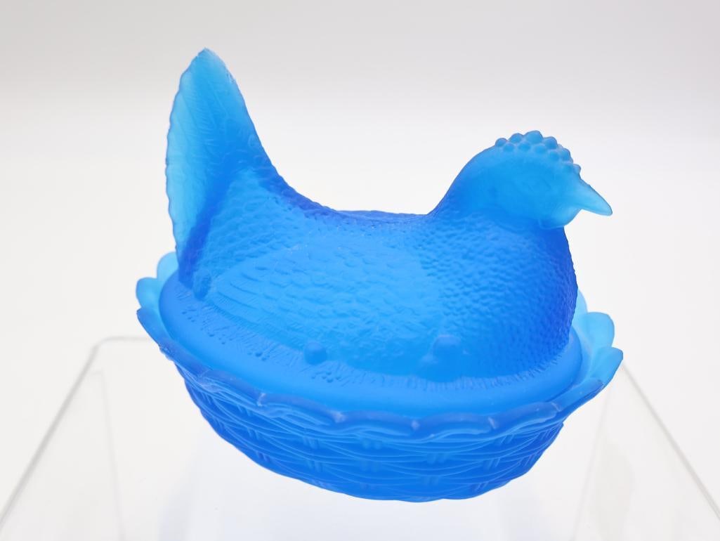 Two (2) Antique & Vintage Blue Slag / Milk Glass Hen on Nest Covered Dishes - 9