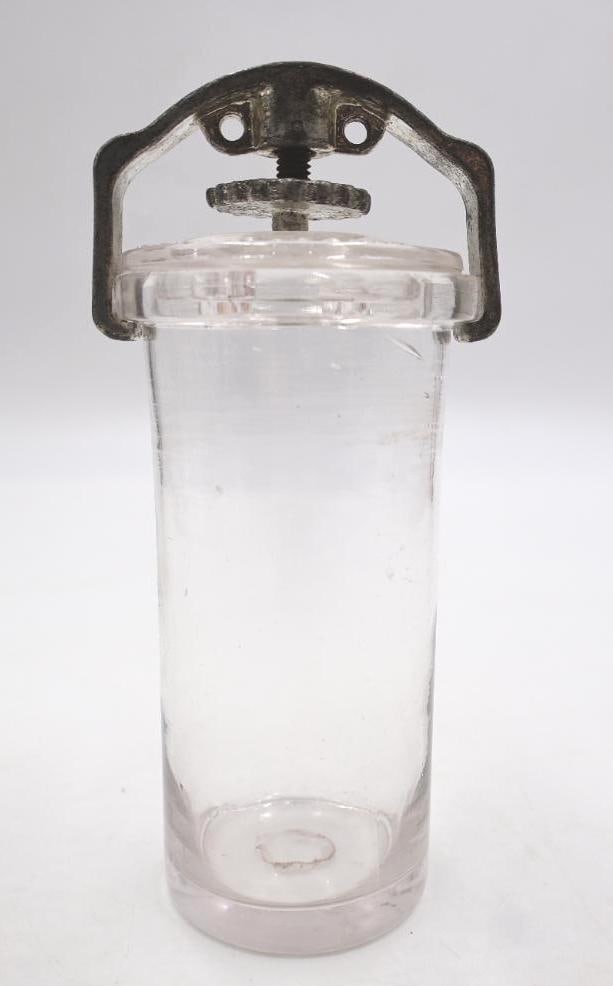 Antique Glass Specimen Jar with Metal Clamp: Whitall Tatum & Co. glass museum specimen jar with an original metal screw clamp and glass lid, dating from around the late 1890s. Small stands about 8" tall total
