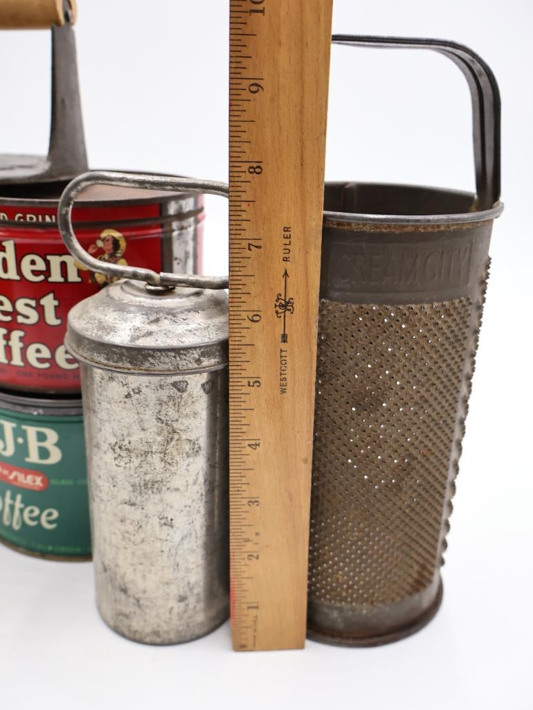 Vintage Kitchen Primitive Collection Coffee Tins, Graters, Choppers and Utensils - 10