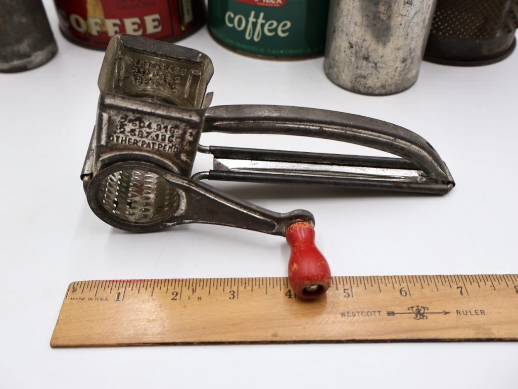 Vintage Kitchen Primitive Collection Coffee Tins, Graters, Choppers and Utensils - 9
