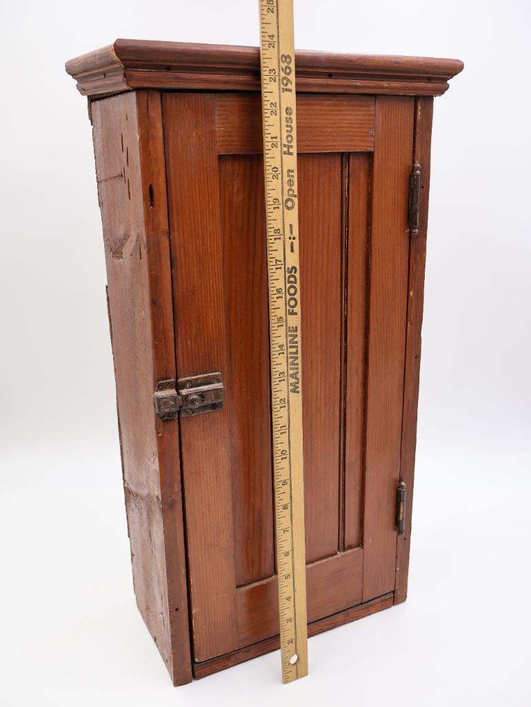Antique Primitive Pine Wall Cabinet with Paneled Door and Shelves - 3