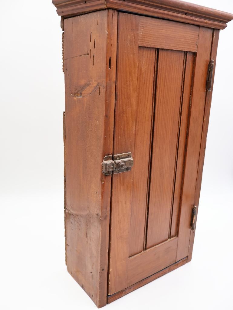 Antique Primitive Pine Wall Cabinet with Paneled Door and Shelves - 6