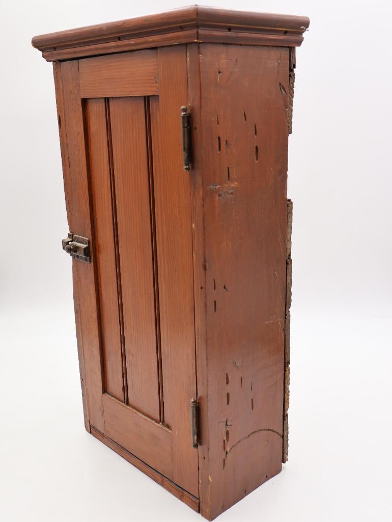 Antique Primitive Pine Wall Cabinet with Paneled Door and Shelves - 9