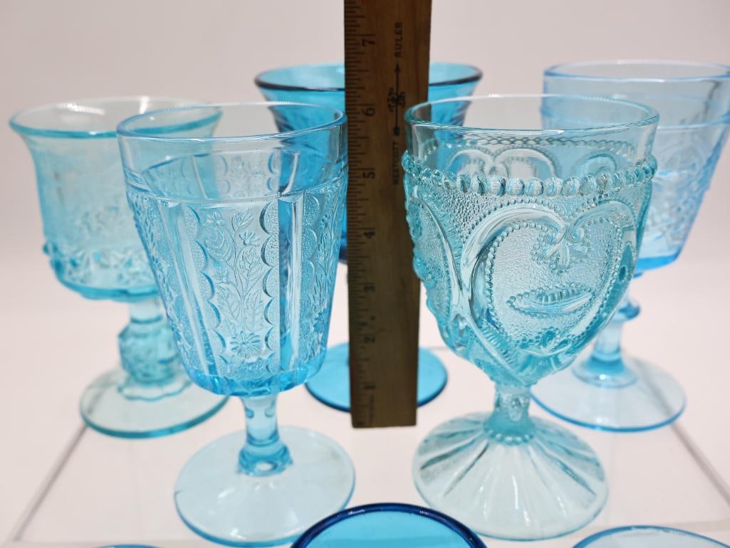 Vintage Aqua Blue Pressed Glass Goblets and Stemware Collection - 4