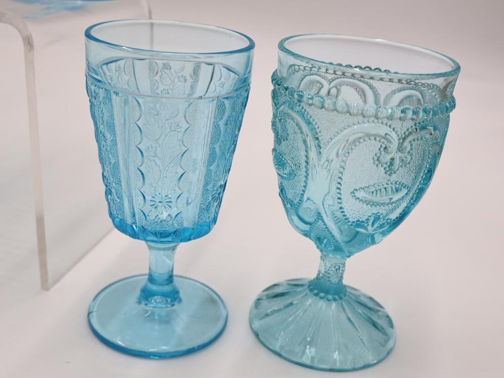 Vintage Aqua Blue Pressed Glass Goblets and Stemware Collection - 9