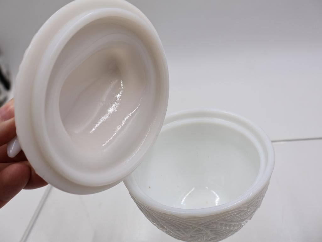Antique Milk Glass Animal Dishes and Wire Basket Collection - 15