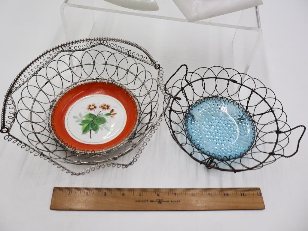 Antique Milk Glass Animal Dishes and Wire Basket Collection - 2