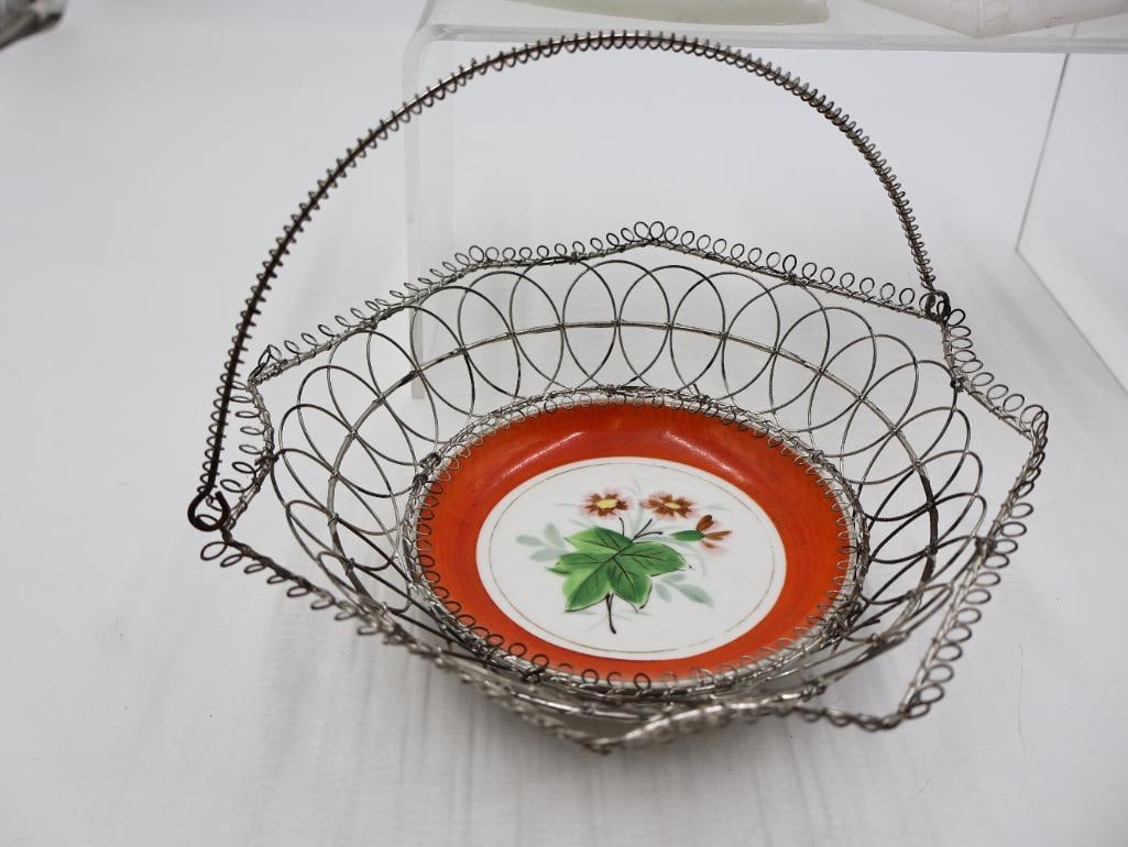 Antique Milk Glass Animal Dishes and Wire Basket Collection - 5