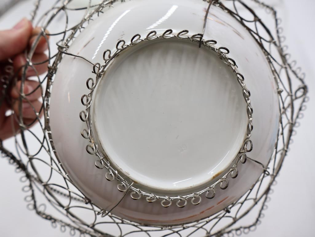 Antique Milk Glass Animal Dishes and Wire Basket Collection - 7