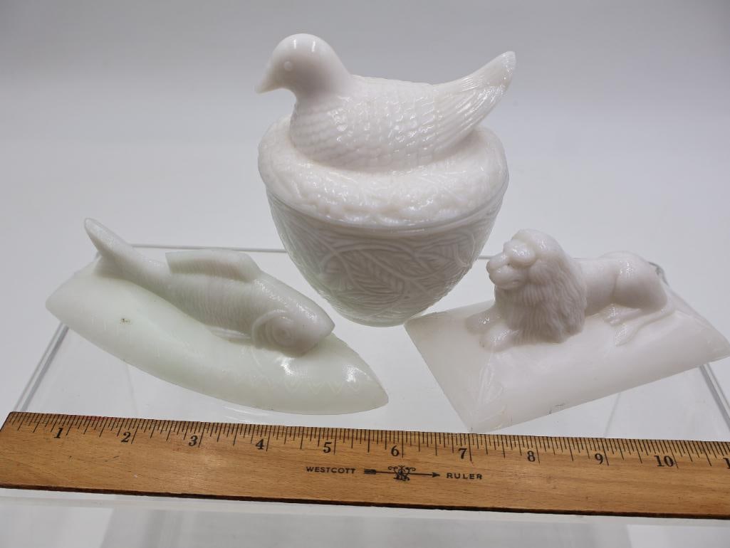 Antique Milk Glass Animal Dishes and Wire Basket Collection - 8