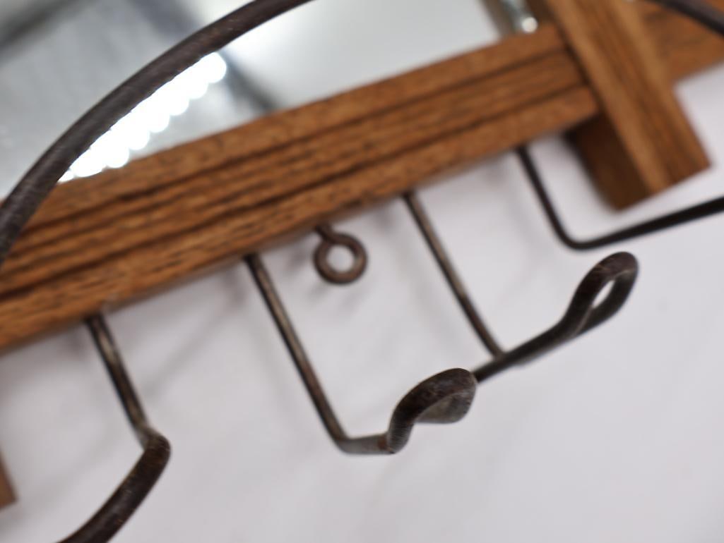 Antique Oak Wall-Mount Hat and Coat Rack with Mirror and Wire Hat Holders - 11
