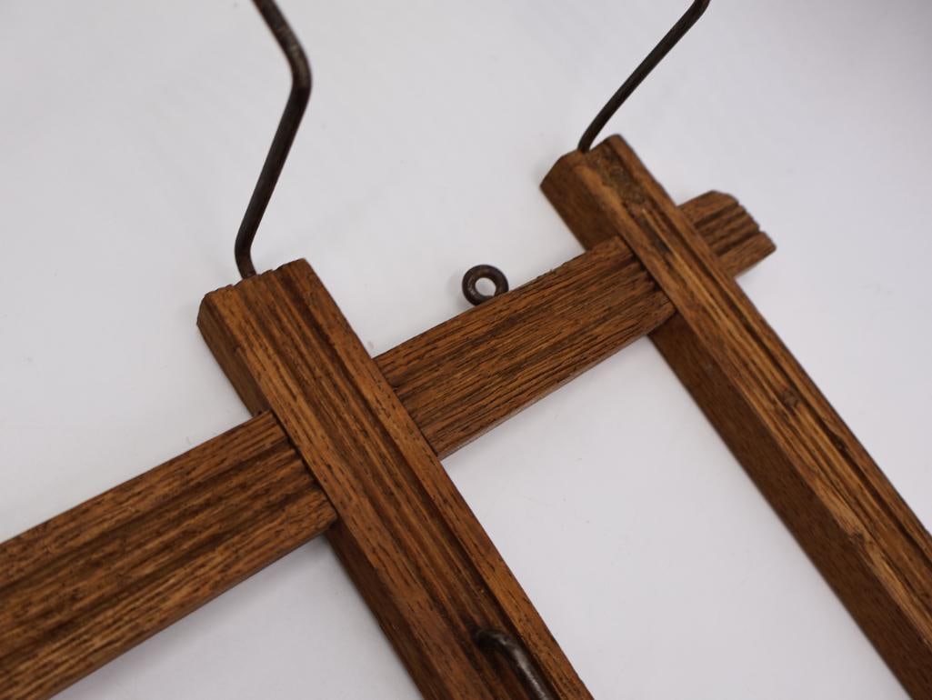 Antique Oak Wall-Mount Hat and Coat Rack with Mirror and Wire Hat Holders - 12