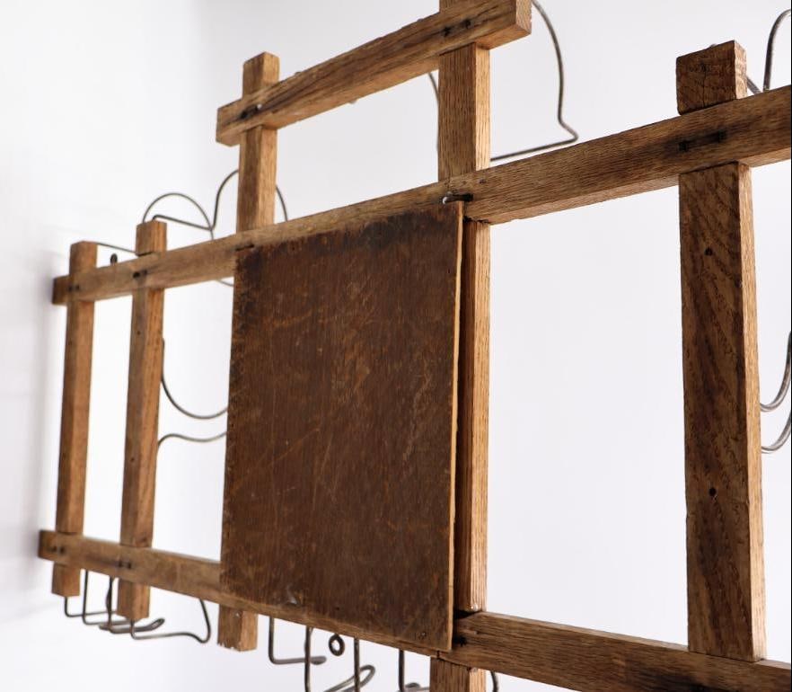 Antique Oak Wall-Mount Hat and Coat Rack with Mirror and Wire Hat Holders - 13