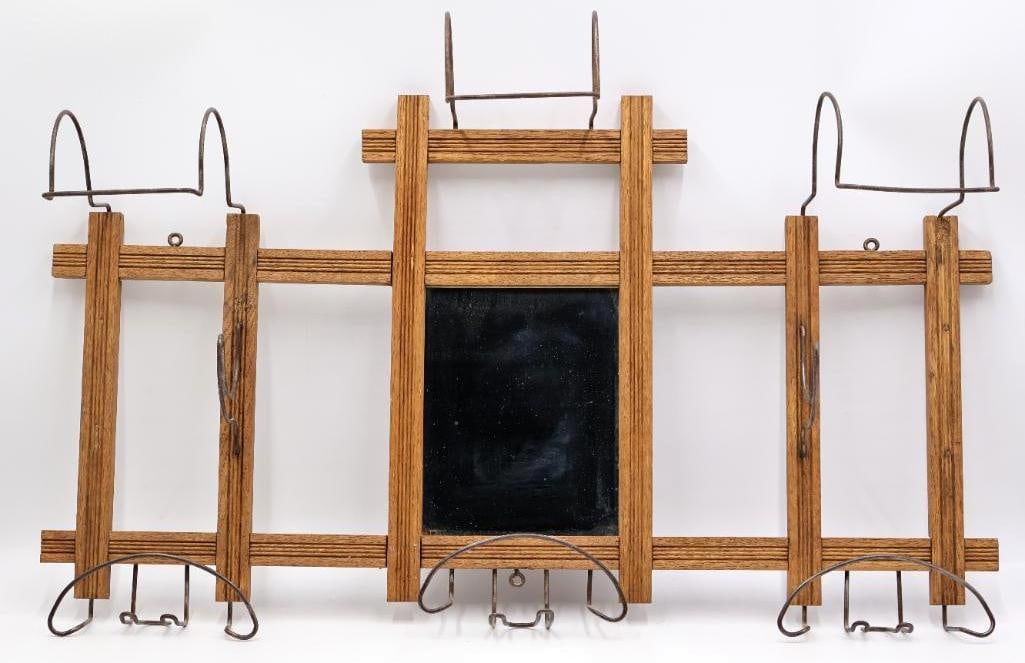Antique Oak Wall-Mount Hat and Coat Rack with Mirror and Wire Hat Holders: Warm oak finish and utilitarian Arts & Crafts styling give the piece wonderful period character. Shows expected age-related wear including scratches, finish variation, oxidation and patina to the