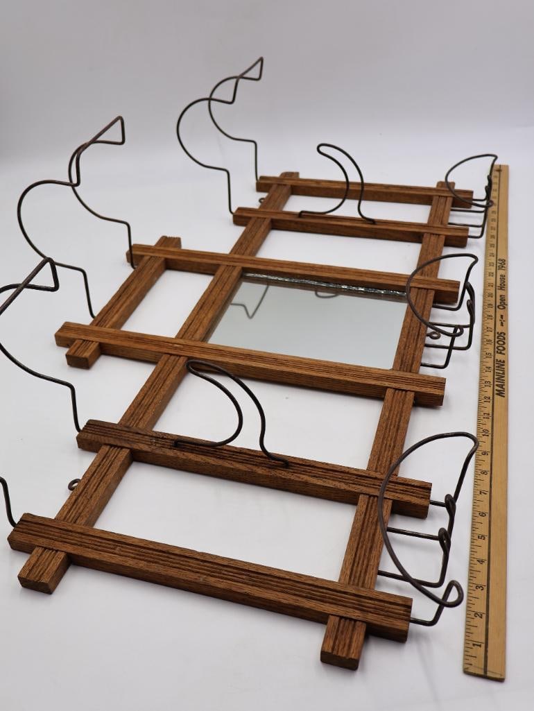Antique Oak Wall-Mount Hat and Coat Rack with Mirror and Wire Hat Holders - 2