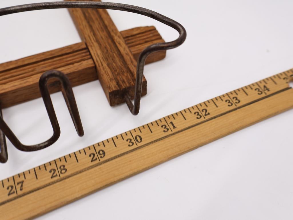 Antique Oak Wall-Mount Hat and Coat Rack with Mirror and Wire Hat Holders - 3