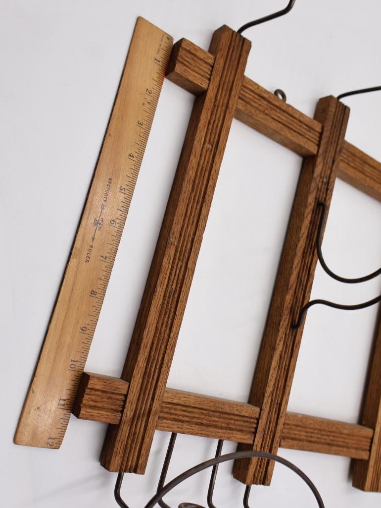 Antique Oak Wall-Mount Hat and Coat Rack with Mirror and Wire Hat Holders - 5