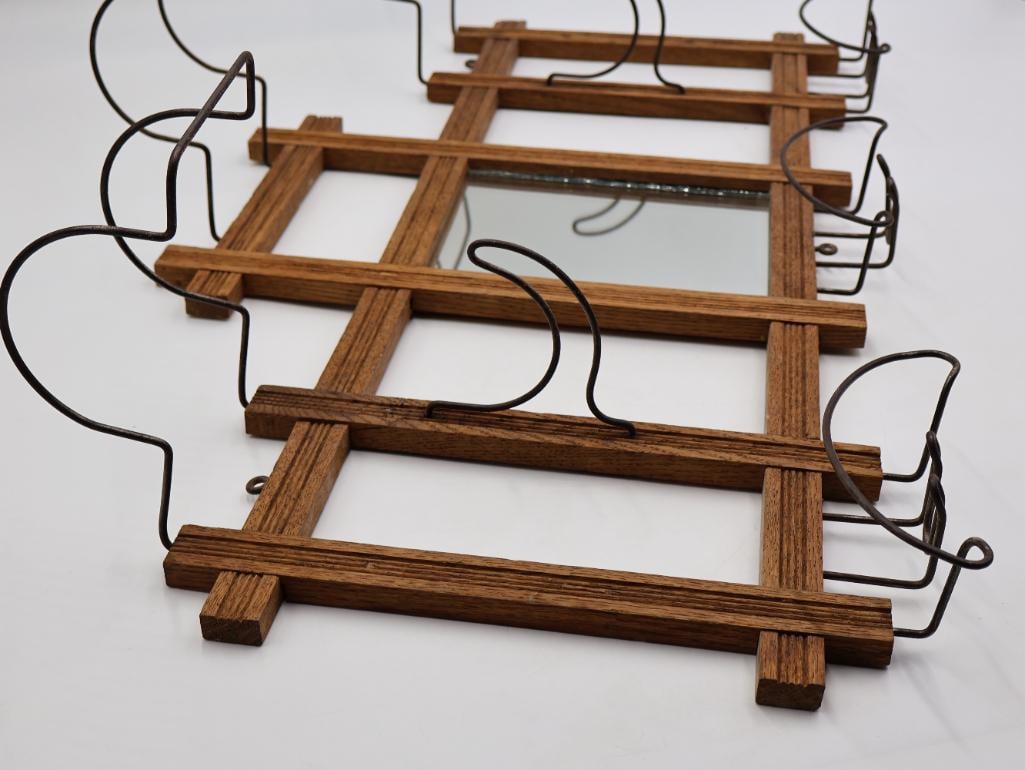 Antique Oak Wall-Mount Hat and Coat Rack with Mirror and Wire Hat Holders - 6