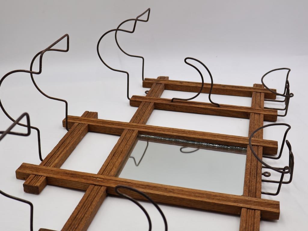 Antique Oak Wall-Mount Hat and Coat Rack with Mirror and Wire Hat Holders - 7
