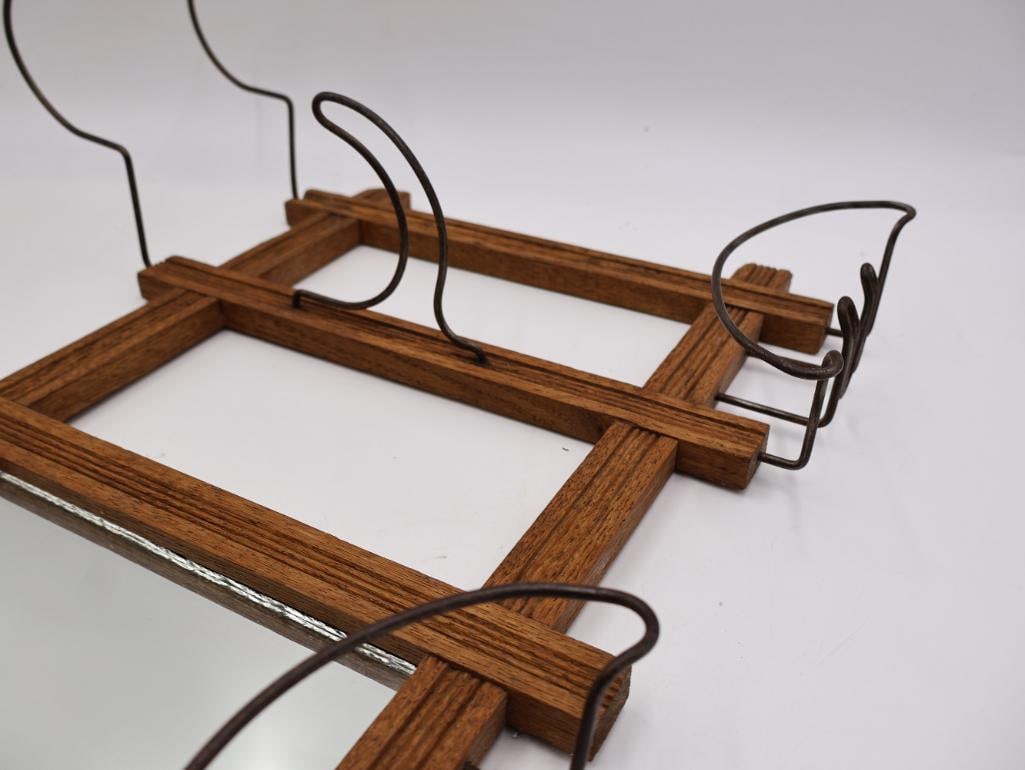 Antique Oak Wall-Mount Hat and Coat Rack with Mirror and Wire Hat Holders - 9