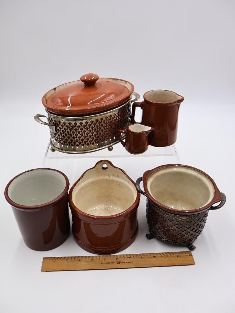Vintage Brown Glazed Stoneware Kitchen Crocks and Warmers - 2