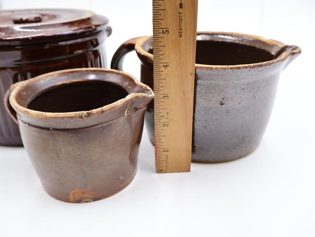 Antique Brown Glazed Stoneware Crocks, Custard Cups and Pottery - 2