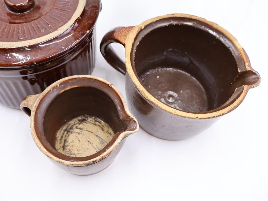 Antique Brown Glazed Stoneware Crocks, Custard Cups and Pottery - 3