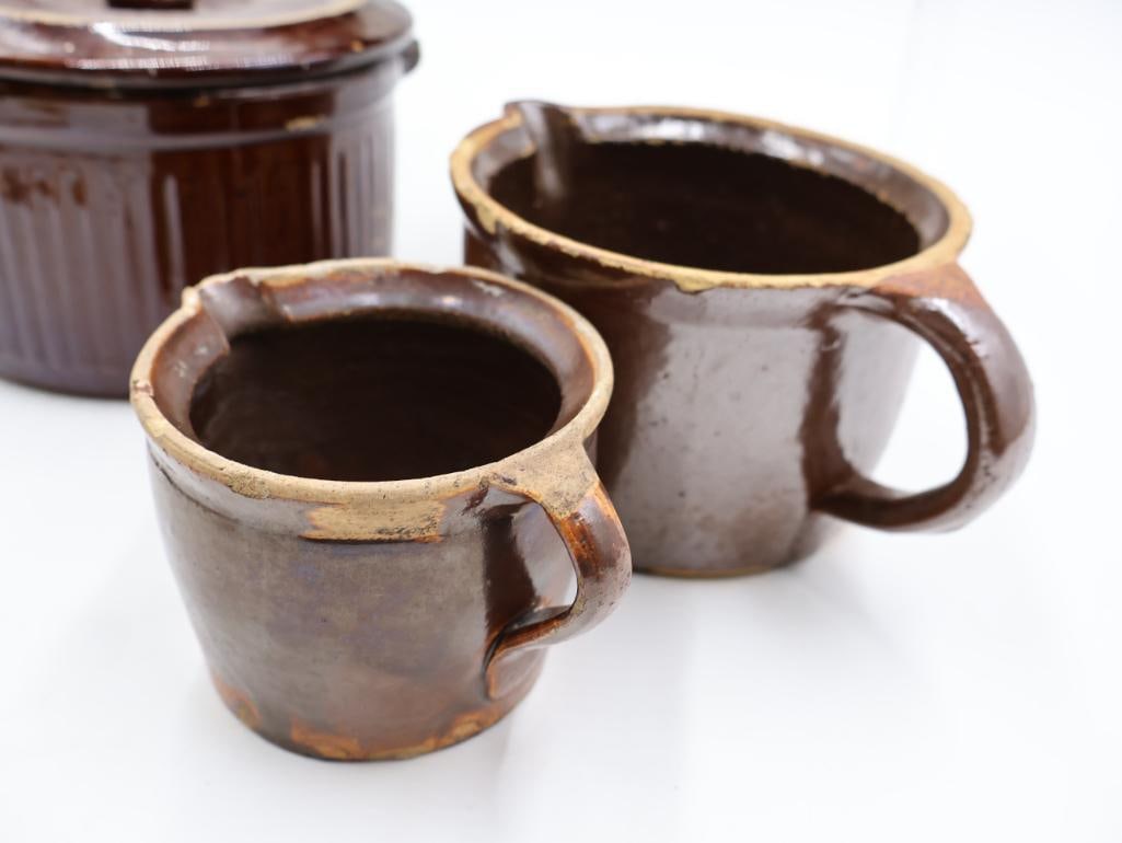 Antique Brown Glazed Stoneware Crocks, Custard Cups and Pottery - 4