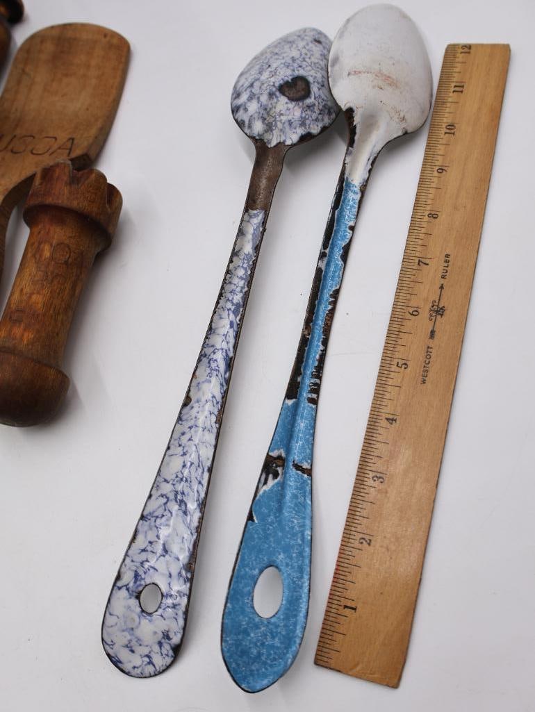 Vintage Primitive Kitchen Utensil Collection Wood and Enamelware - 10