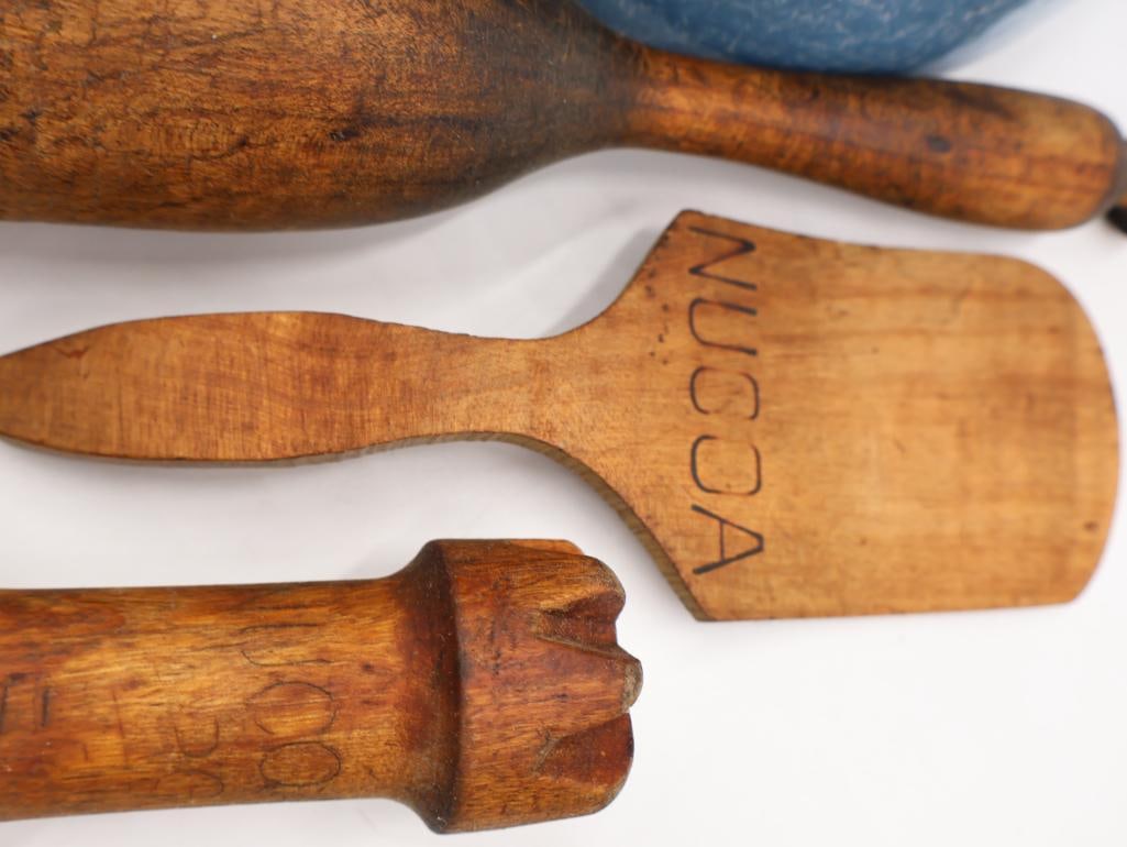 Vintage Primitive Kitchen Utensil Collection Wood and Enamelware - 12