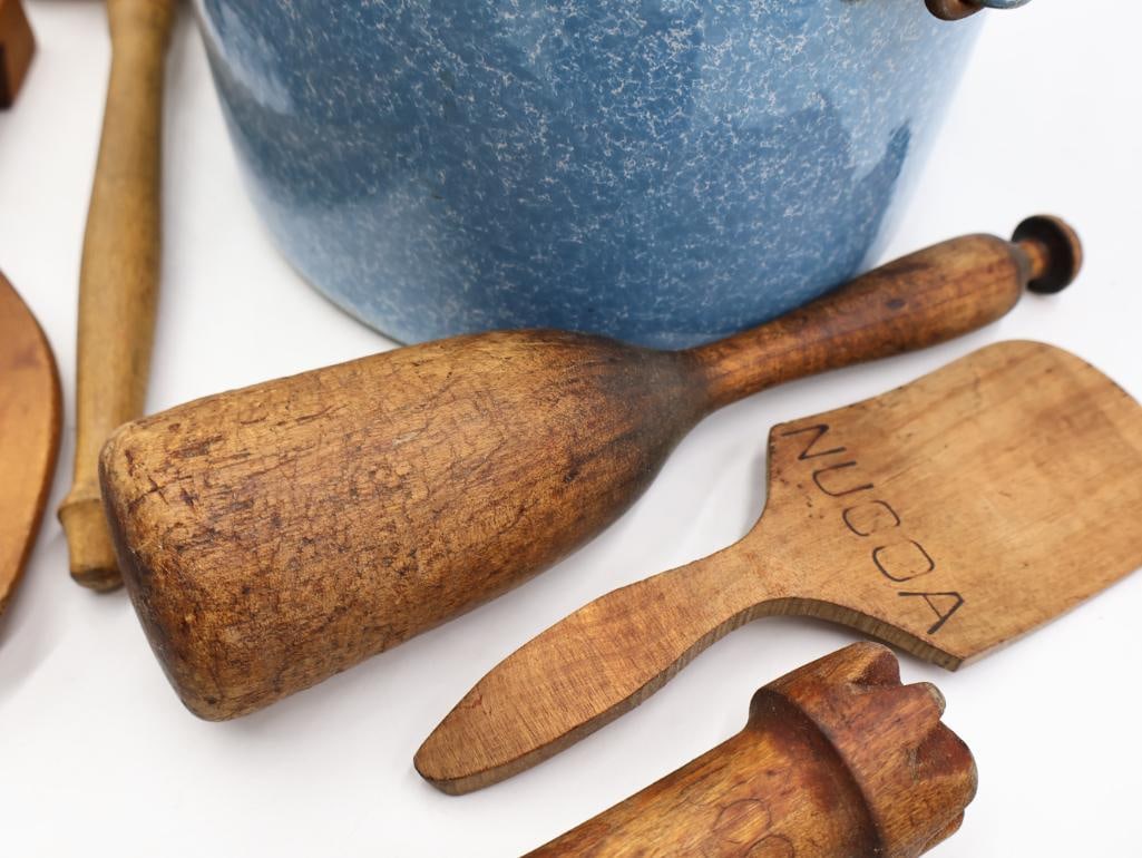 Vintage Primitive Kitchen Utensil Collection Wood and Enamelware - 13