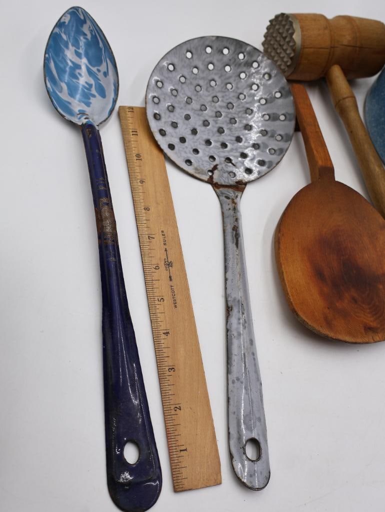 Vintage Primitive Kitchen Utensil Collection Wood and Enamelware - 14