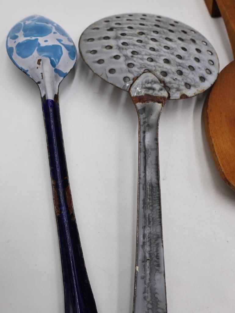 Vintage Primitive Kitchen Utensil Collection Wood and Enamelware - 16