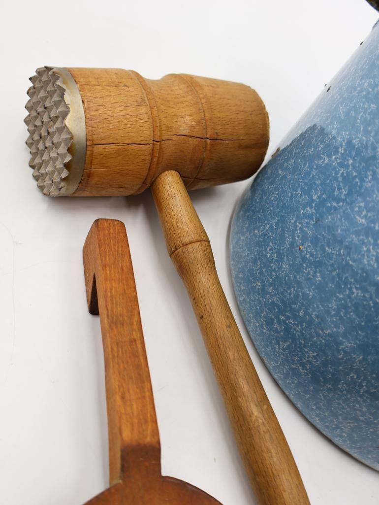 Vintage Primitive Kitchen Utensil Collection Wood and Enamelware - 18