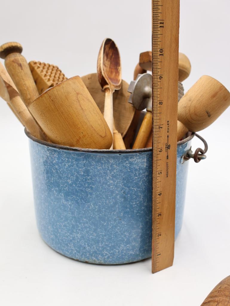 Vintage Primitive Kitchen Utensil Collection Wood and Enamelware - 19