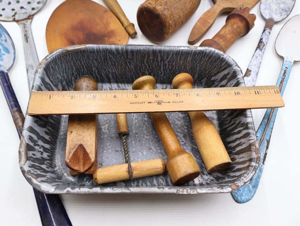 Vintage Primitive Kitchen Utensil Collection Wood and Enamelware - 2