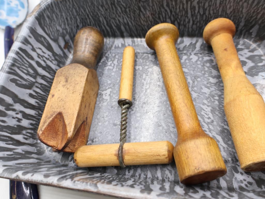 Vintage Primitive Kitchen Utensil Collection Wood and Enamelware - 3