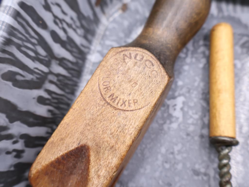 Vintage Primitive Kitchen Utensil Collection Wood and Enamelware - 4