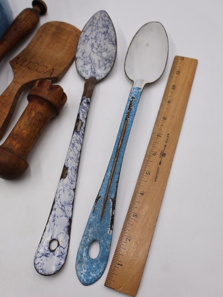 Vintage Primitive Kitchen Utensil Collection Wood and Enamelware - 7