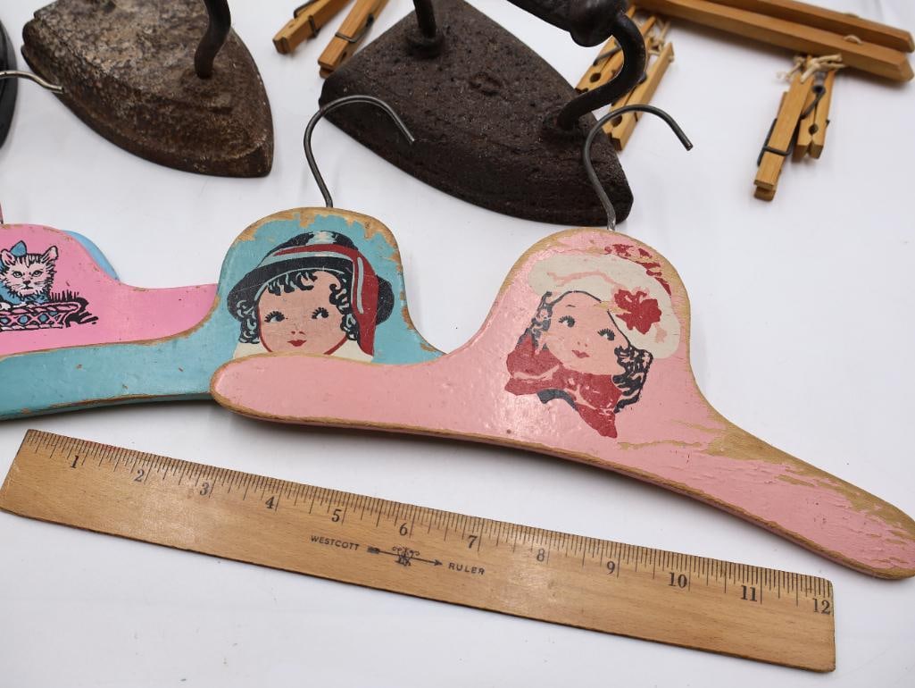 Antique Sad Irons and Vintage Advertising Clothes Hangers Collection - 2