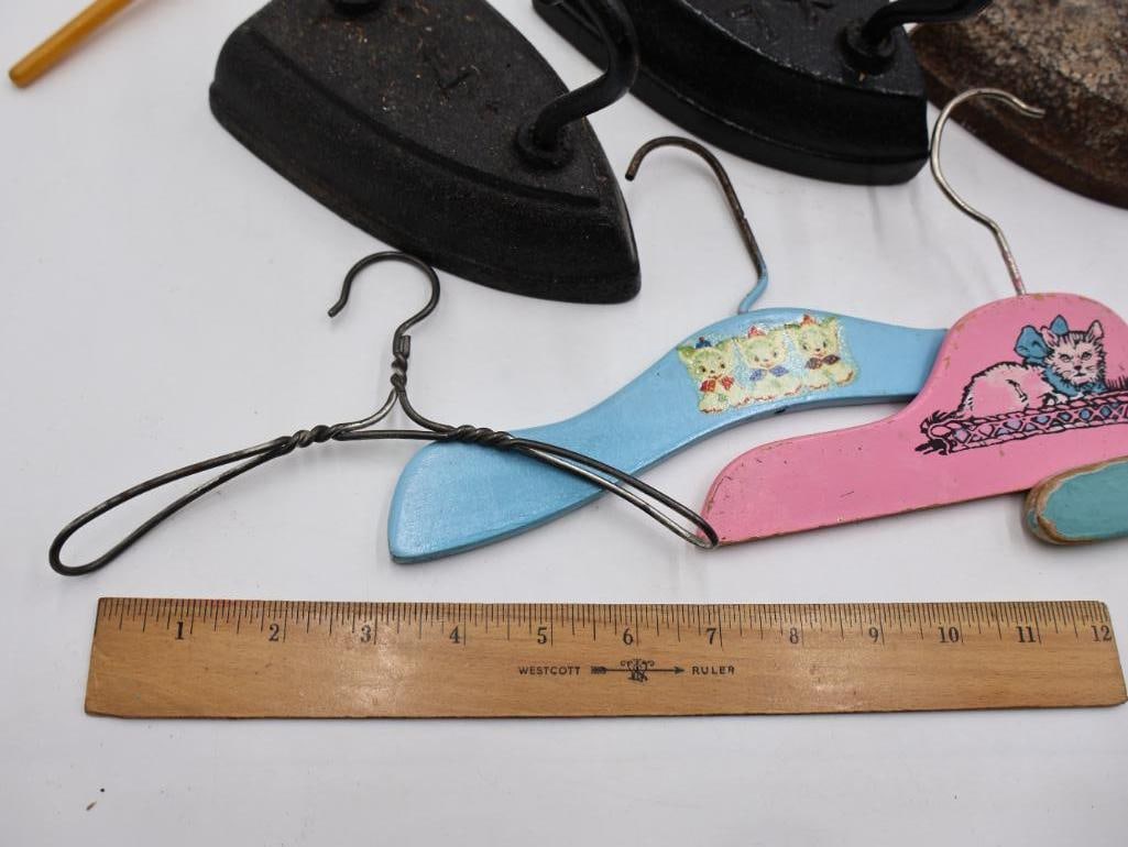 Antique Sad Irons and Vintage Advertising Clothes Hangers Collection - 3
